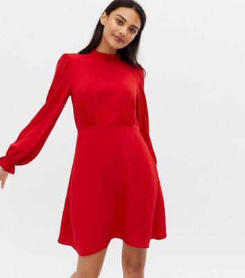 Red Frill High Neck Ruched Mini Dress ...